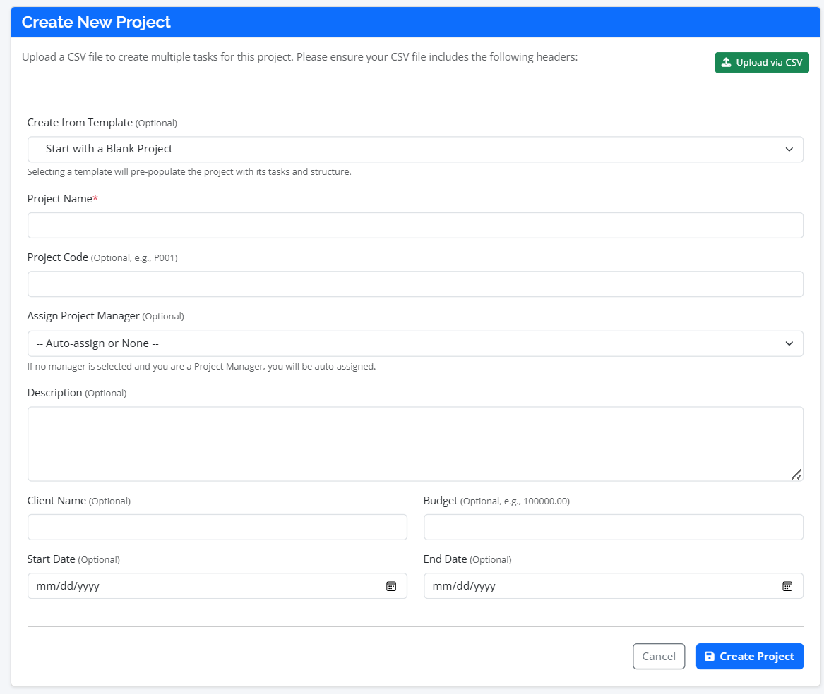 The new project creation form in RevPro.