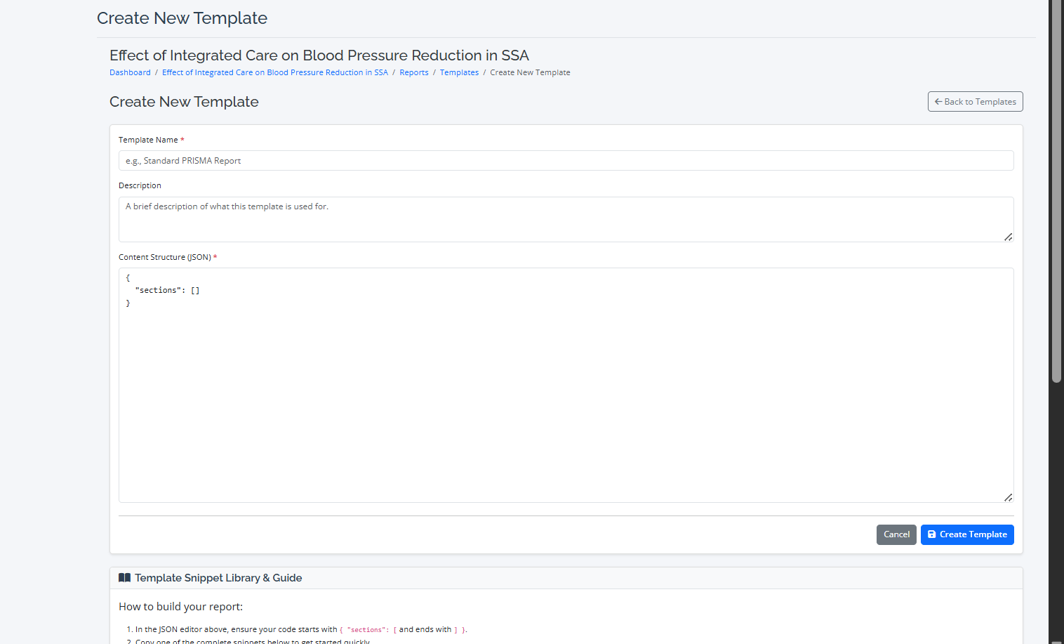 create your report template - template generator page