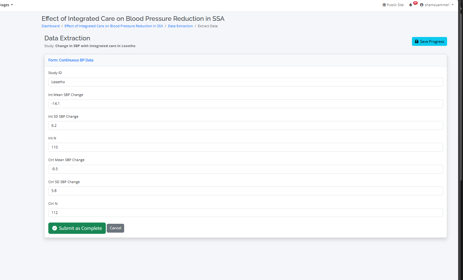 The data extraction interface showing a study document and the form side-by-side.