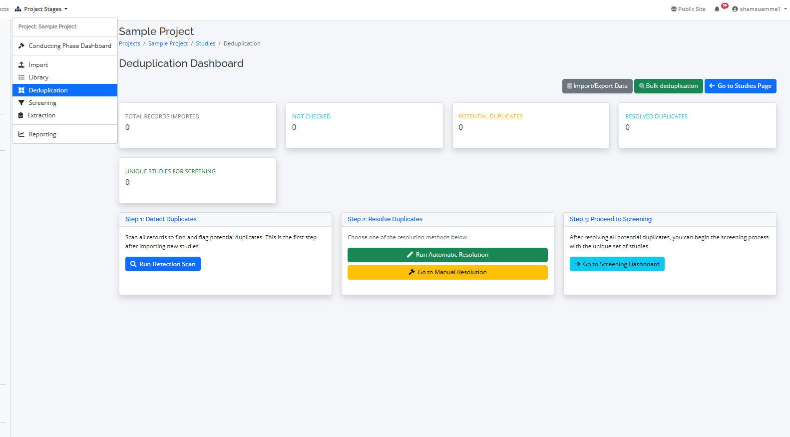 The interface for resolving duplicate studies in RevPro.